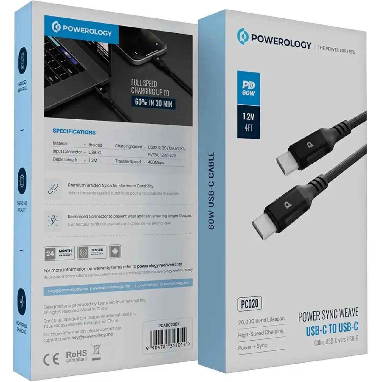 کابل تایپسی به تایپ سی 60 وات 1.2 متری پاورولوژی Powerology PC020 PCAB020 - Image 2